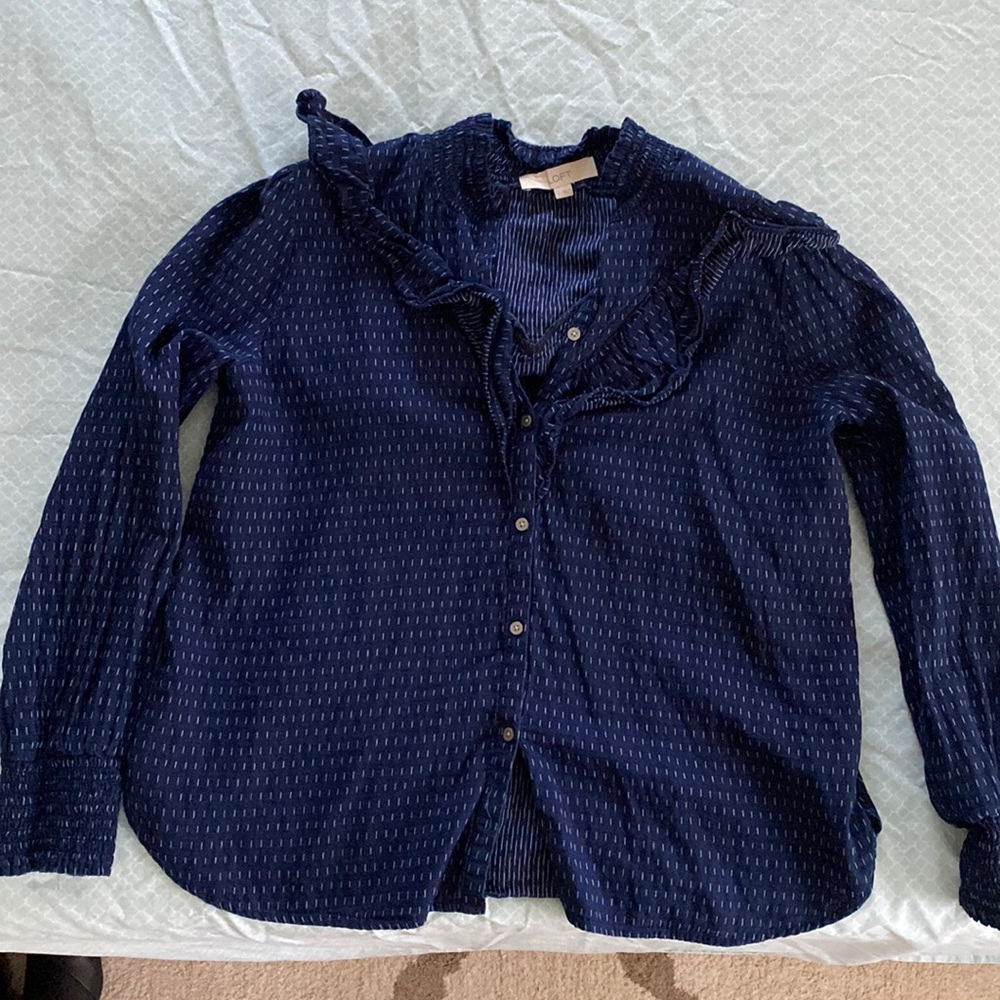 Gently Worn Loft Denim Button Down Ruffle Blouse - image 1